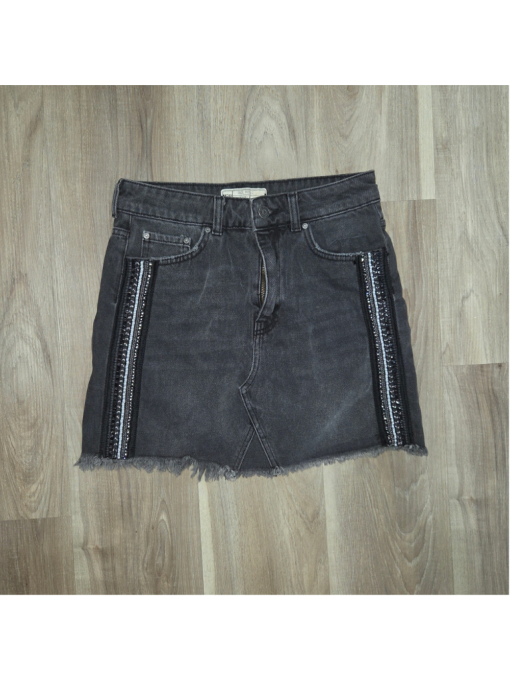 •Free People• Women's Black Denim Mini Skirt with Silver Embellishments Size 4